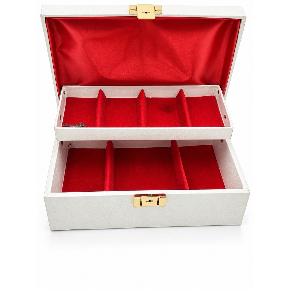 Vintage Buxton Jewelry Box w Key Ivory Red Velvet 2 Tier MCM USA Vanity